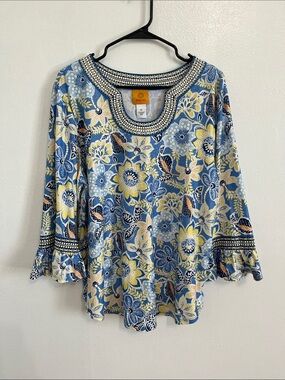 Ruby Rd. Blue Floral Scoop Neck Tunic with Yellow Accents XL